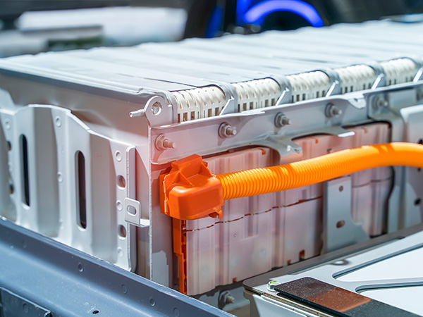 electric vehicle lithium-ion battery pack with integrated orange high-voltage power cable