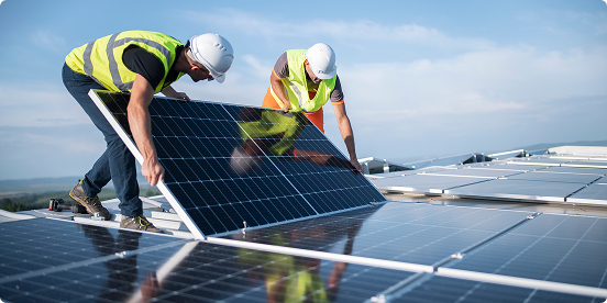 construction workers placing solar panels